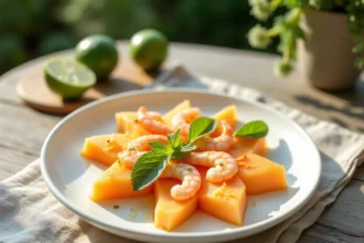 Assiette de melon et crevettes présentée en entrée fraîche sur une table en bois rustique en terrasse
