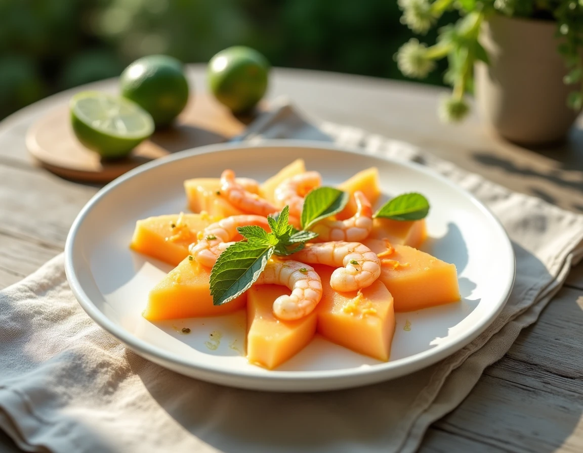 Assiette de melon et crevettes présentée en entrée fraîche sur une table en bois rustique en terrasse