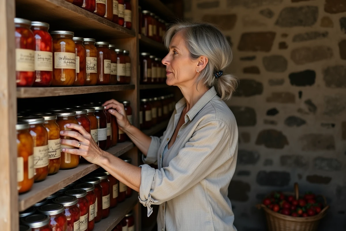 Femme inspectant des bocaux de fruits conservés à l'alcool dans un cellier en pierre avec étagères en bois rangées