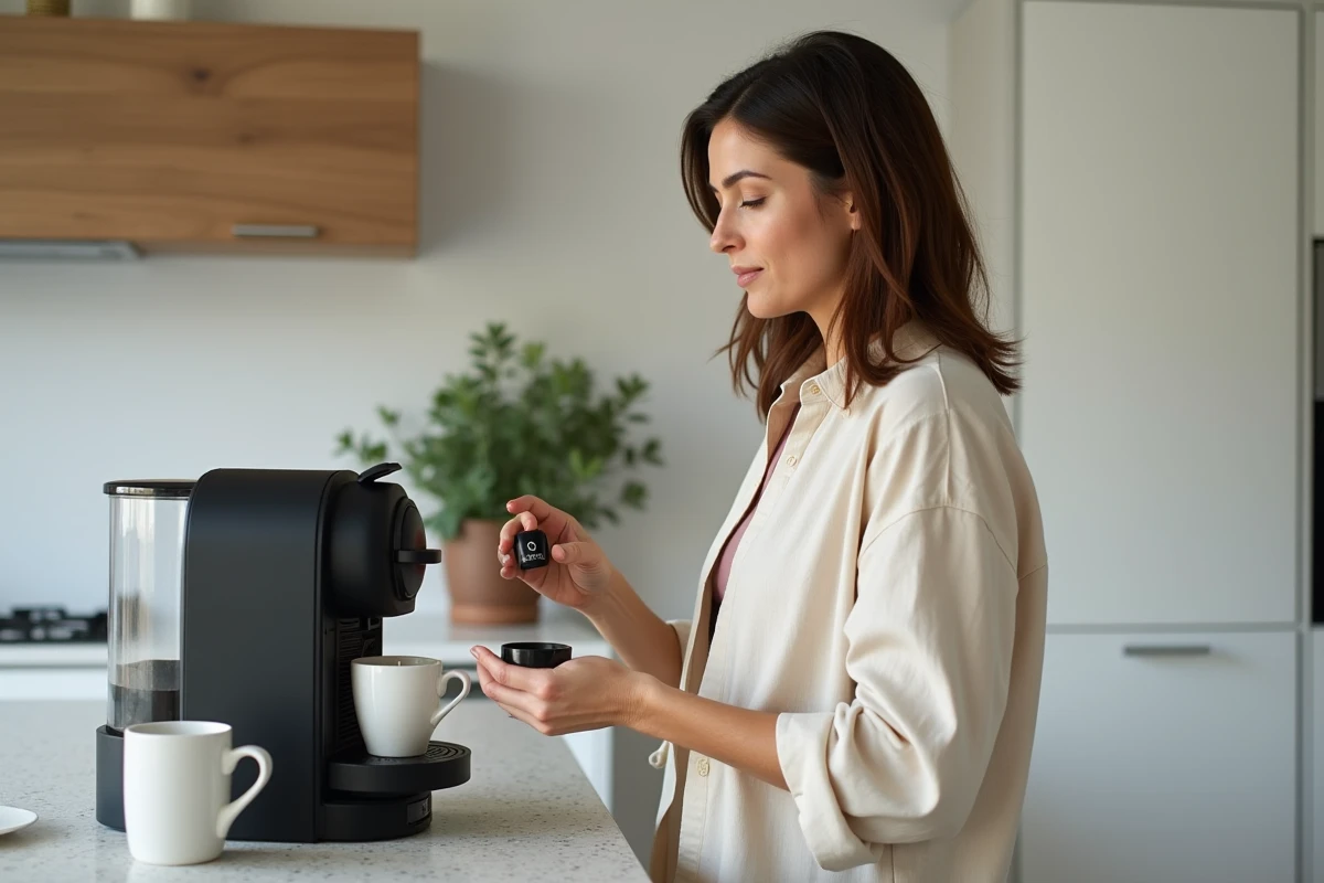 Femme comparant une capsule compatible Nespresso à une capsule originale dans une cuisine moderne, guide d'achat dosettes café