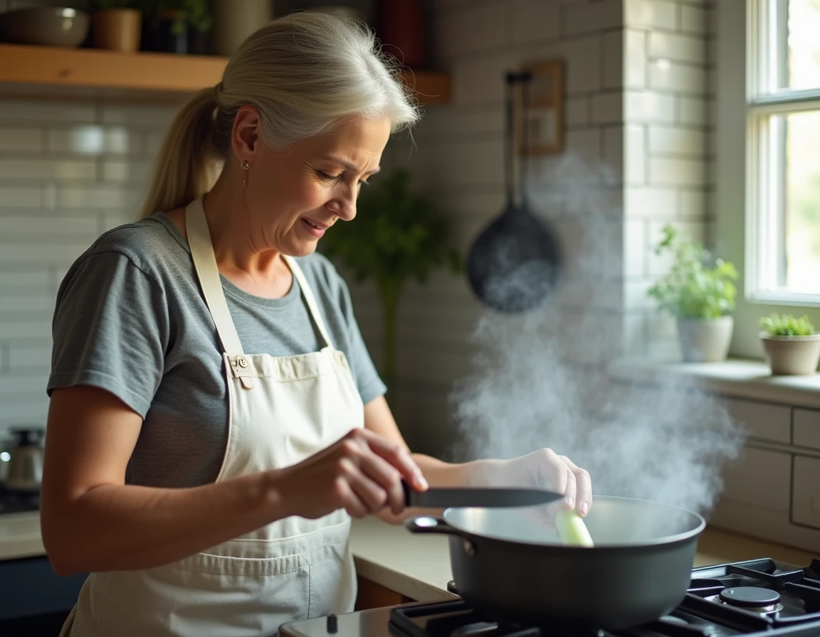 Femme testant la cuisson de poireaux à l'eau avec un couteau au-dessus d'une casserole sur une gazinière