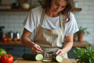Femme préparant des légumes farcis en creusant une courgette sur un plan de travail en bois rustique