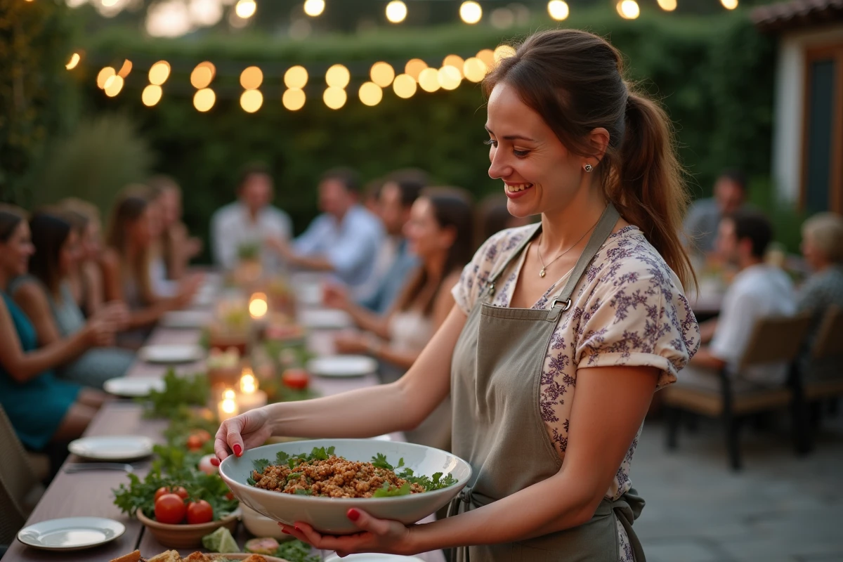 Femme souriante servant une salade taboulé lors d'un grand barbecue en plein air dans un jardin convivial
