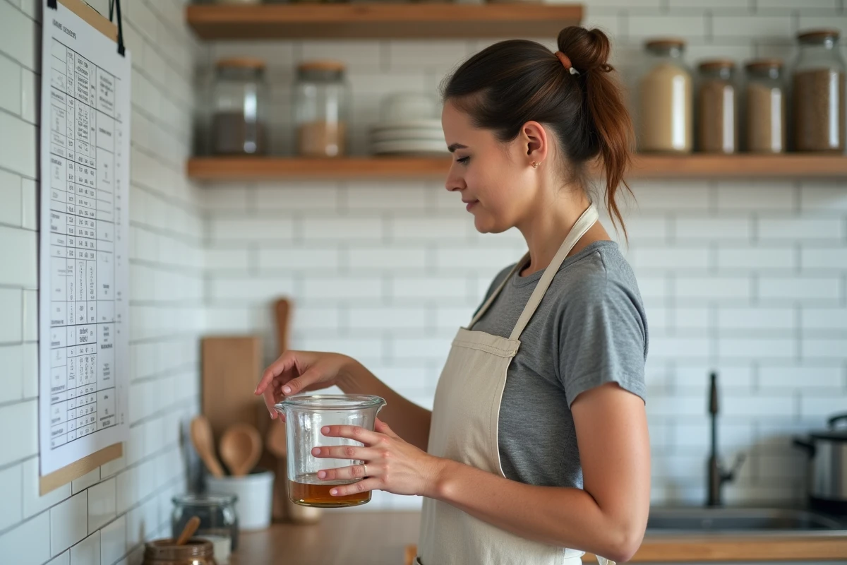 Femme consultant un tableau de conversion grammes centilitres affiché dans une cuisine scandinave tout en mesurant un liquide dans un pichet en verre