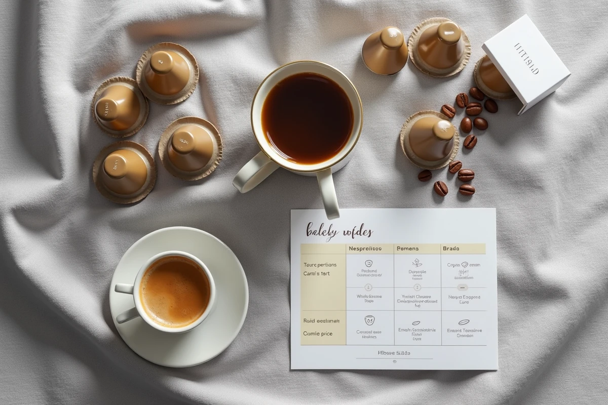 Vue aérienne flat lay de capsules Nespresso compatibles avec comparatif de prix et tasse d'espresso, meilleur rapport qualité-prix dosettes café
