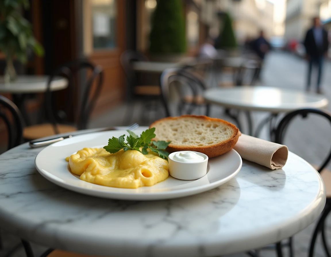 Assiette de fondue de poireaux au vin blanc servie en terrasse de café parisien avec pain de campagne et comté