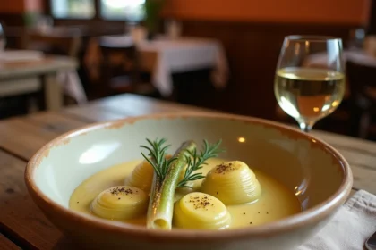 Bol de fondue de poireaux au vin blanc dans un bistrot rustique avec serviette en lin et verre de vin blanc