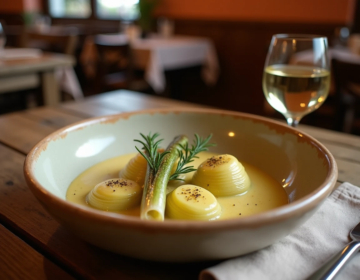 Bol de fondue de poireaux au vin blanc dans un bistrot rustique avec serviette en lin et verre de vin blanc