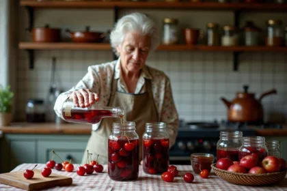Grand-mère versant de l'alcool 90 dans un bocal de fruits pour une conservation longue durée dans une cuisine rustique française