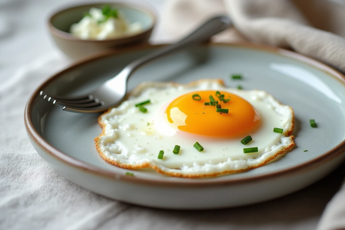 Gros plan d'un œuf au plat sur assiette en grès avec cottage cheese et ciboulette pour illustrer l'absorption des protéines