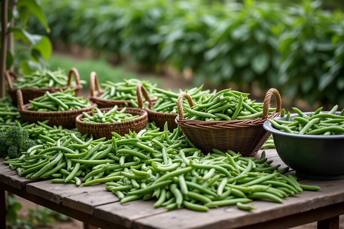 Grande récolte de haricots verts frais étalés sur une table de jardin en bois avec paniers et passoires, prêts à être préparés pour la congélation