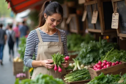 Femme choisissant des légumes de saison de printemps comme des radis et des asperges sur un marché fermier en avril