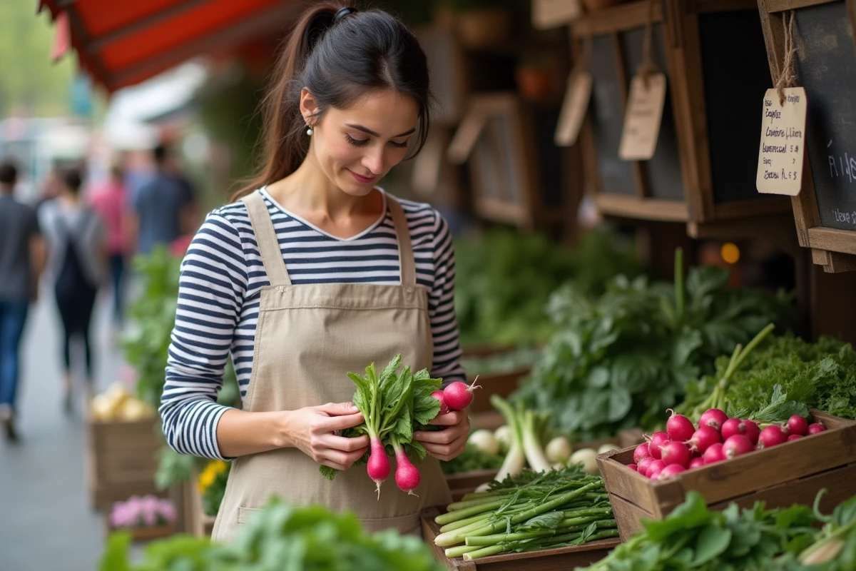 Femme choisissant des légumes de saison de printemps comme des radis et des asperges sur un marché fermier en avril