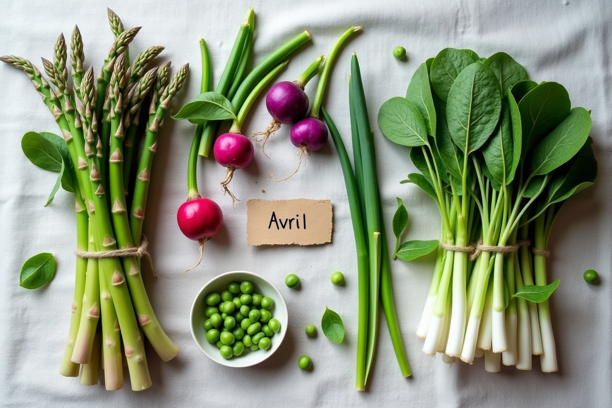 Vue aérienne d'une composition de légumes de saison du mois d'avril incluant asperges, radis et petits pois sur lin