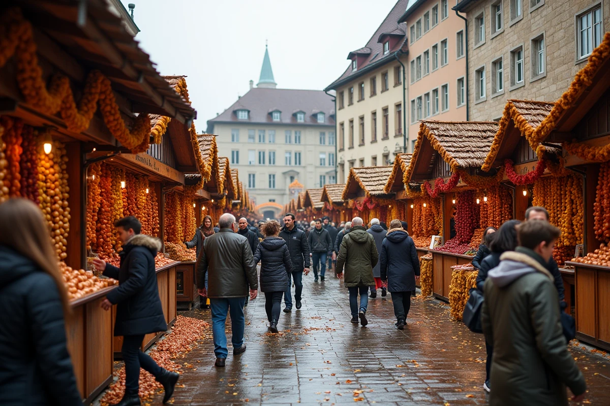 Vue panoramique de la place du marché de Berne lors de la Fête de l'Oignon avec des centaines d'étals couverts de tresses d'oignons colorées et une foule de visiteurs