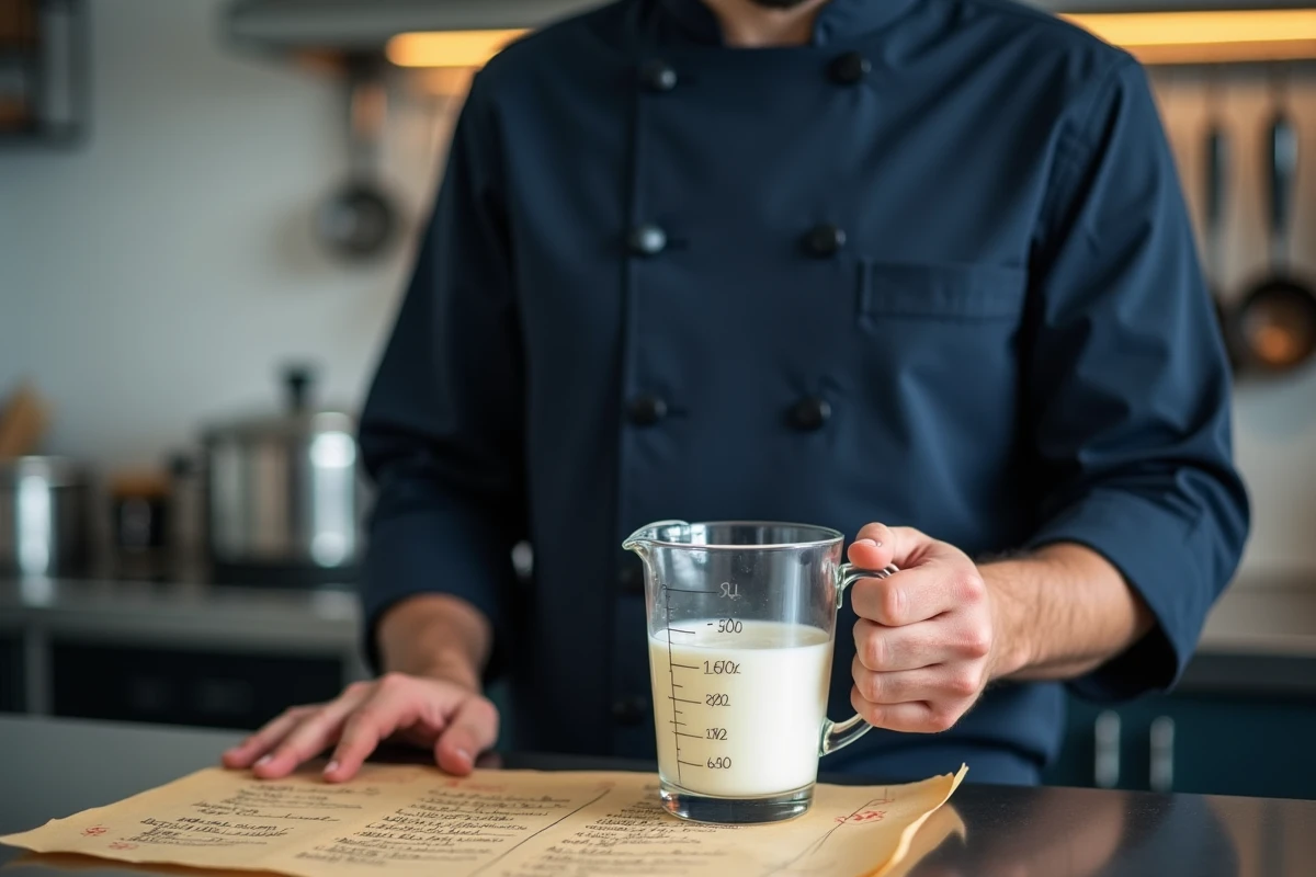 Chef mesurant du lait en centilitres avec un verre doseur et un tableau de conversion grammes centilitres fait main