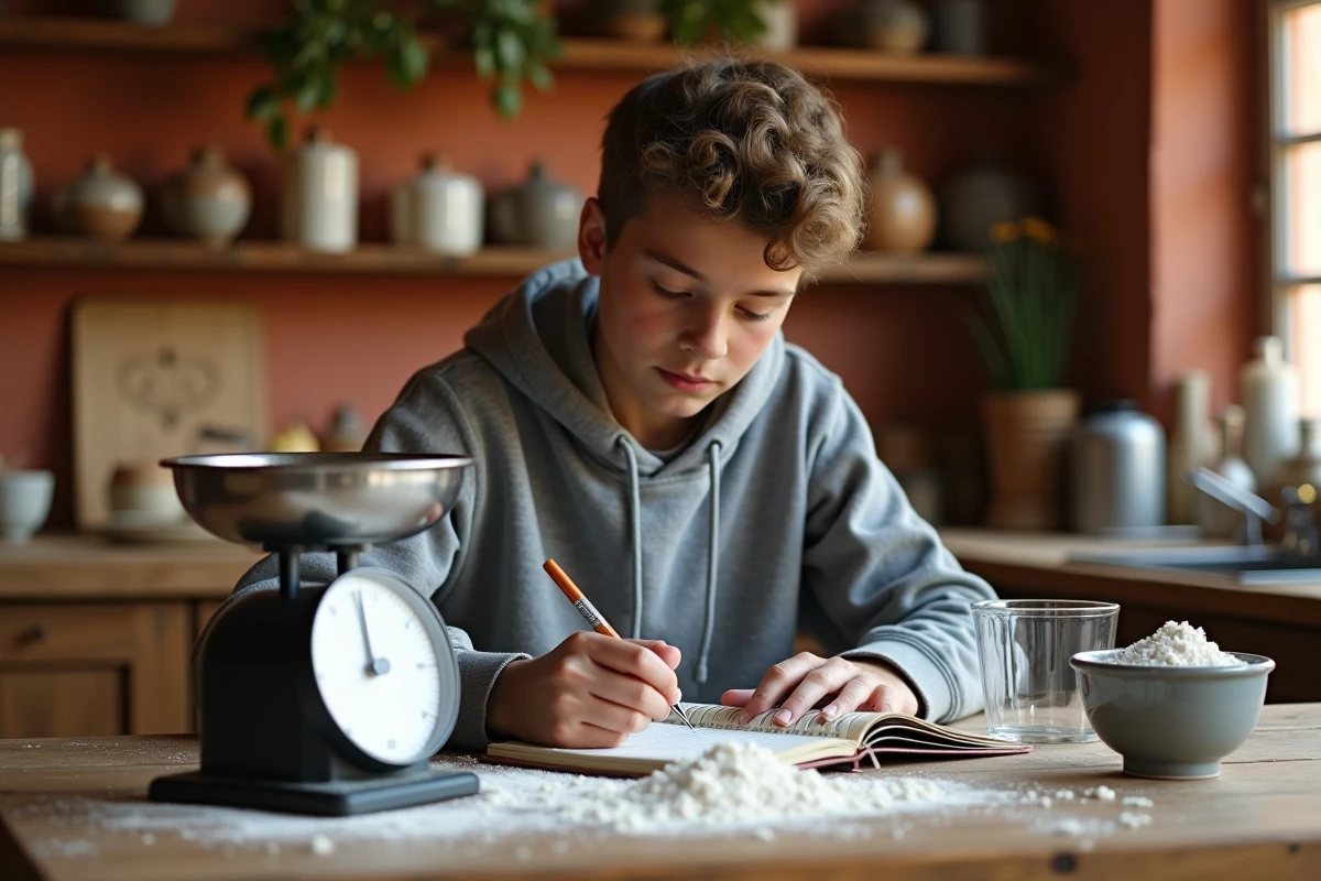 Adolescent prenant des notes de conversion grammes en centilitres avec une balance et un cylindre gradué sur une table en bois