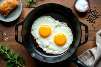 Deux œufs au plat dans une poêle en fonte noire vus de dessus, accompagnés d'herbes fraîches et de sel de mer sur une table en bois rustique