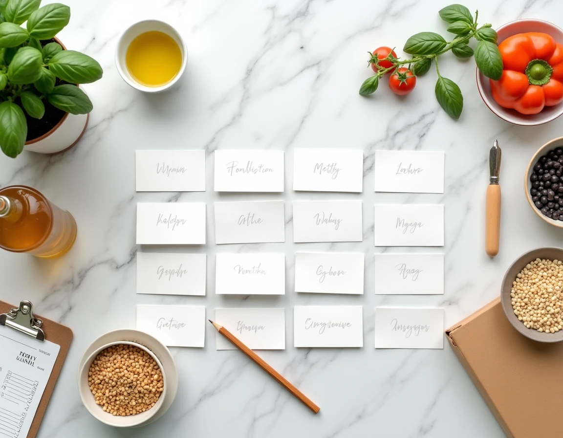 Vue de dessus d'un plan de 14 menus sains organisés en cartes sur marbre, entourés d'ingrédients frais et d'une liste de courses structurée