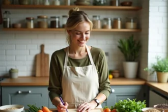 Femme rédigeant un plan de menus sains pour la semaine dans un carnet kraft, entourée de légumes frais et d'ingrédients naturels sur un plan de travail en bois