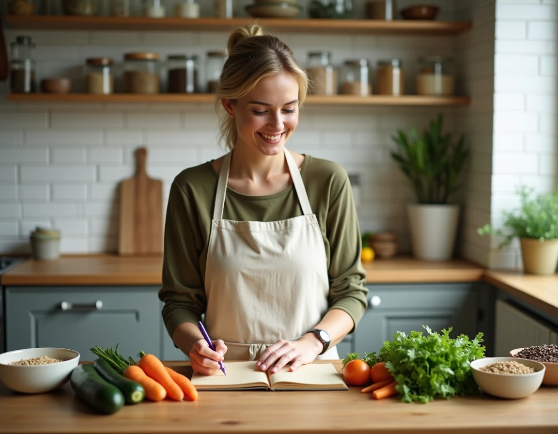 Femme rédigeant un plan de menus sains pour la semaine dans un carnet kraft, entourée de légumes frais et d'ingrédients naturels sur un plan de travail en bois