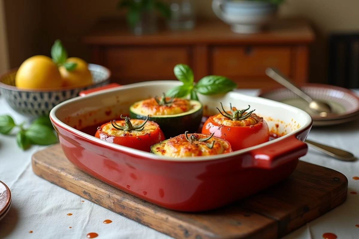 Plat de légumes farcis dorés sortant du four dans un plat en céramique sur une table en bois rustique