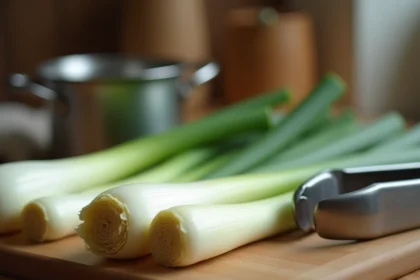 Poireaux cuits à l'eau sur une planche en bois avec des pinces de cuisine, vue de dessus dans une cuisine maison