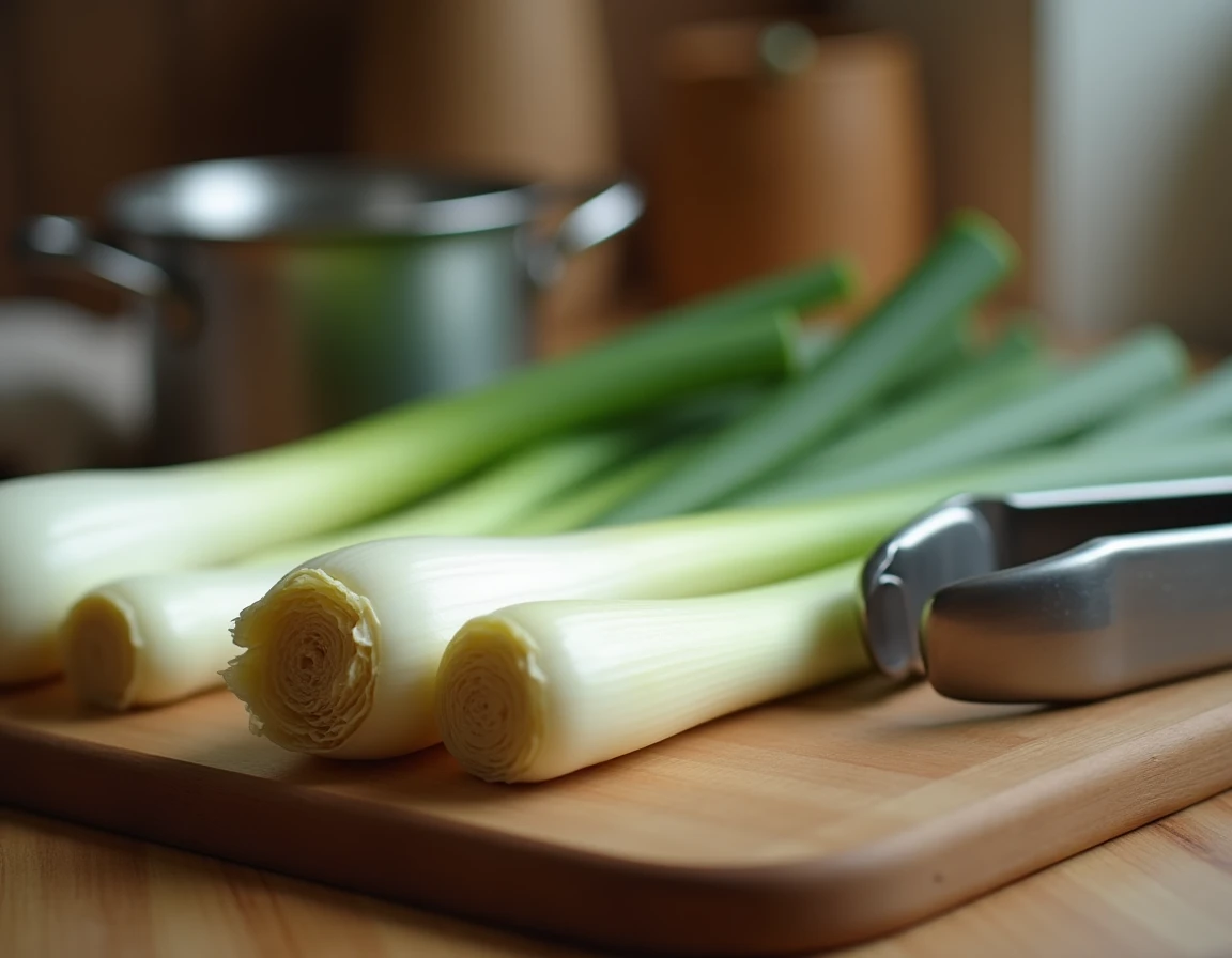 Poireaux cuits à l'eau sur une planche en bois avec des pinces de cuisine, vue de dessus dans une cuisine maison