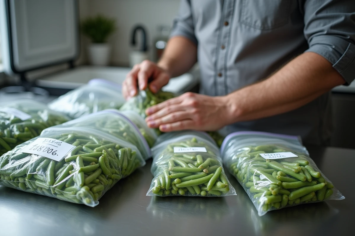 Homme portionnant des haricots verts blanchis dans des sacs de congélation étiquetés avec dates sur un plan de travail en inox, congélateur visible en arrière-plan