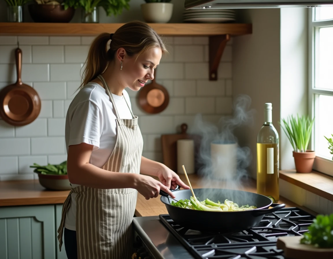 Femme cuisinant une fondue de poireaux au vin blanc dans une cuisine parisienne avec poêle en fonte