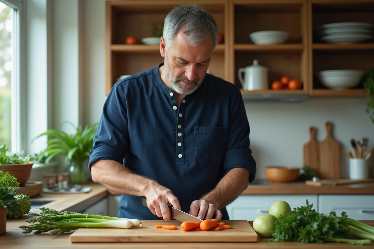 Homme préparant des légumes de saison d'avril comme des asperges et des poireaux dans une cuisine domestique