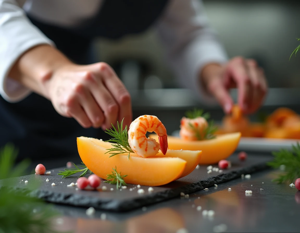 Chef préparant une entrée de melon et crevettes sur une planche en ardoise dans une cuisine moderne