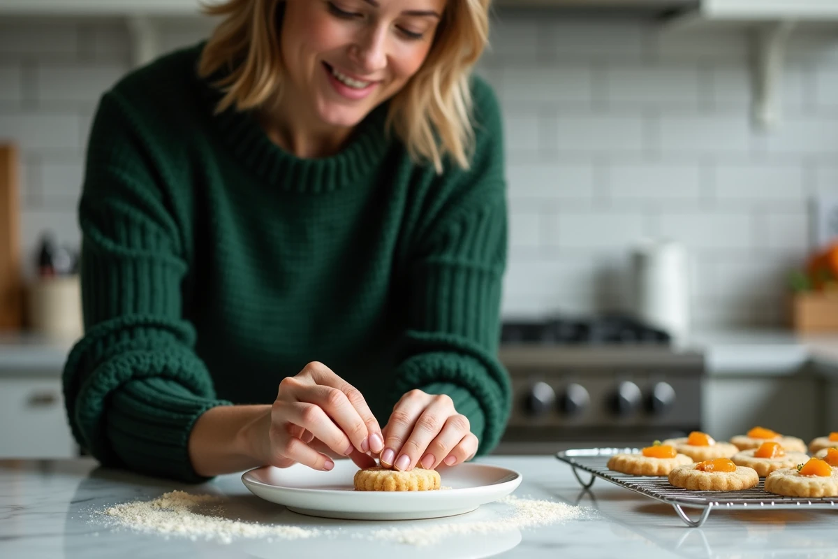 Femme déposant un sablé de Noël amande et orange confite sur une assiette blanche dans une cuisine moderne