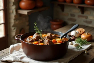 Ragoût d'agneau à l'ancienne mijotant dans une cocotte en fonte sur une table de cuisine rustique en bois