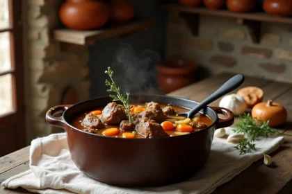 Ragoût d'agneau à l'ancienne mijotant dans une cocotte en fonte sur une table de cuisine rustique en bois