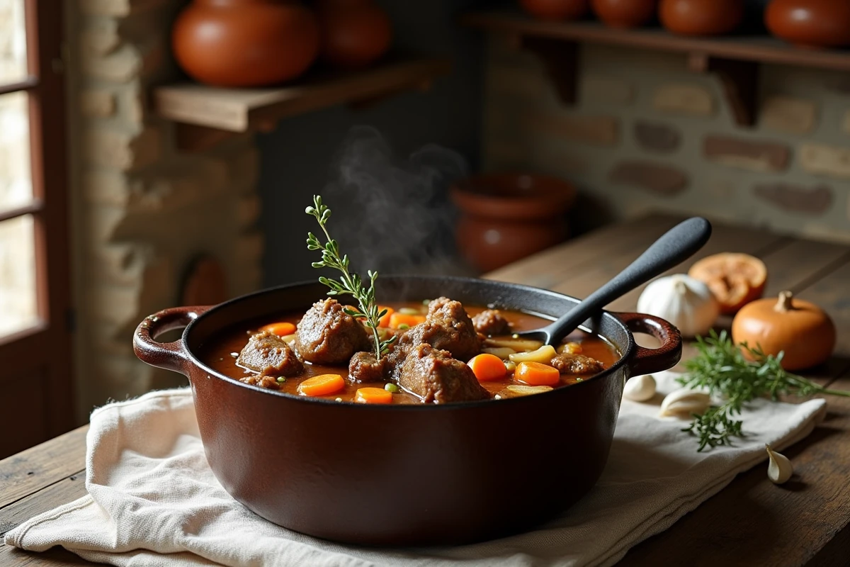 Ragoût d'agneau à l'ancienne mijotant dans une cocotte en fonte sur une table de cuisine rustique en bois