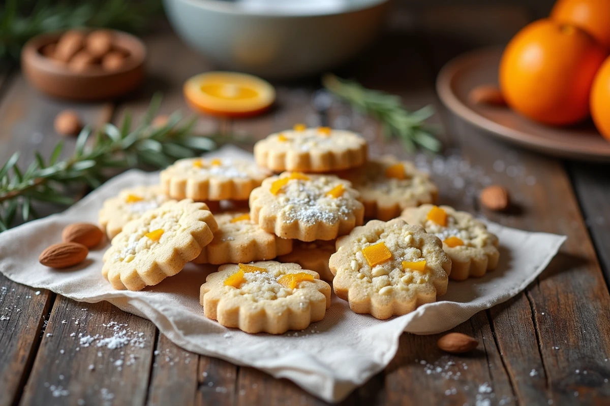 Sablés de Noël amande et orange confite disposés sur une table en bois rustique avec du sucre glace et des amandes entières