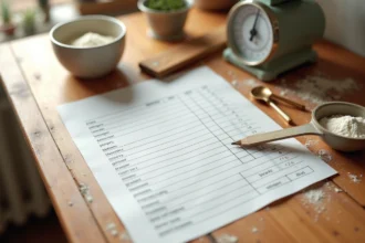 Tableau de conversion grammes en centilitres imprimé posé sur une table en bois avec une tasse à mesurer en céramique et une balance de cuisine