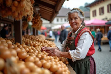 Vendeuse alsacienne en costume traditionnel arrangeant des tresses d'oignons dorés sur un étal de marché lors de la Fête de l'Oignon à Berne