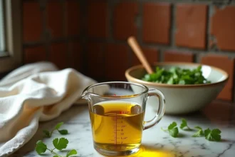 Verre doseur de 20cl rempli d'huile d'olive posé sur un plan de travail en marbre avec des herbes fraîches pour une vinaigrette maison