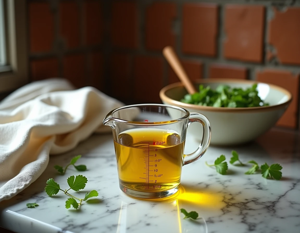 Verre doseur de 20cl rempli d'huile d'olive posé sur un plan de travail en marbre avec des herbes fraîches pour une vinaigrette maison
