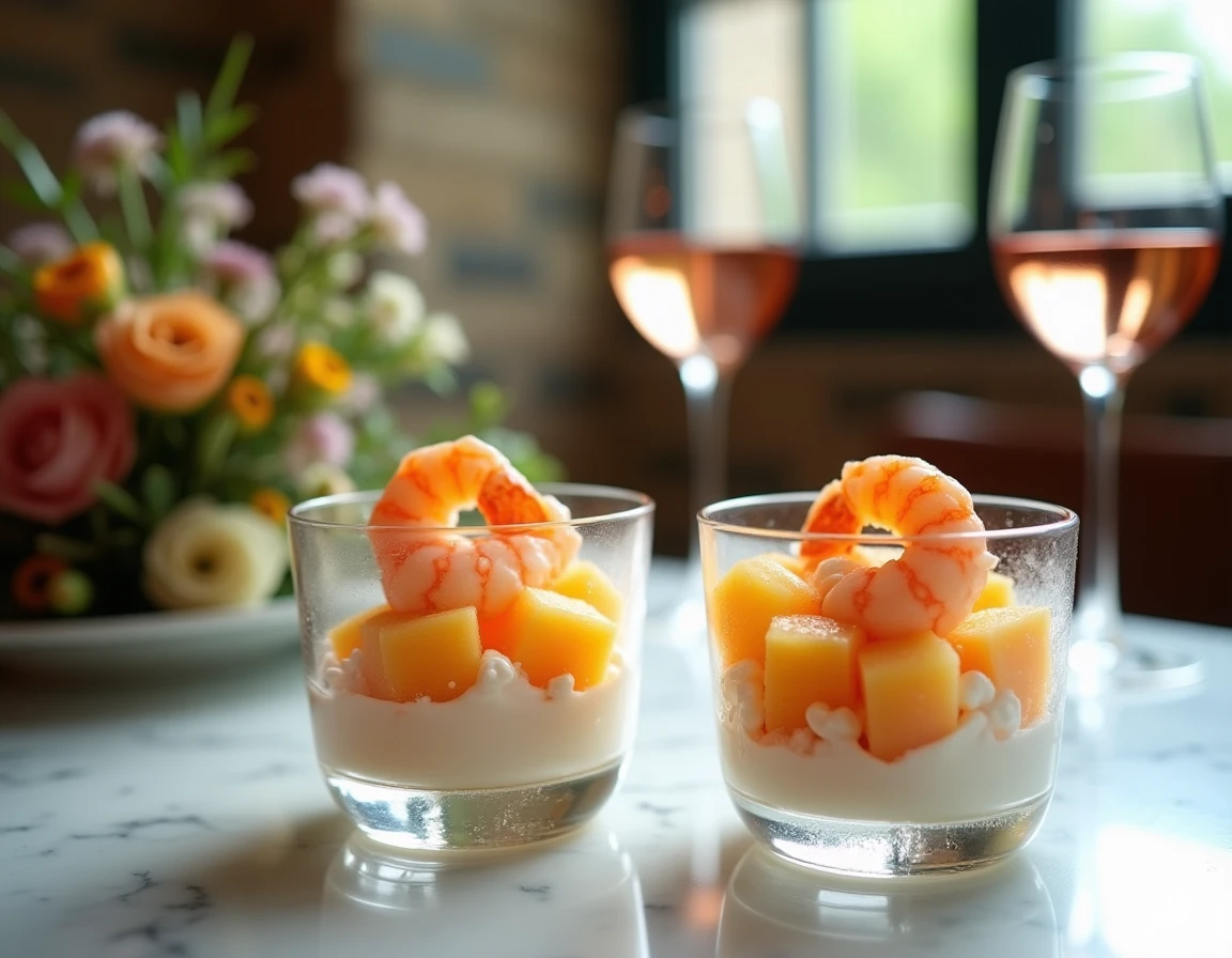 Verrines de melon et crevettes servies sur une table en marbre dans une salle à manger élégante
