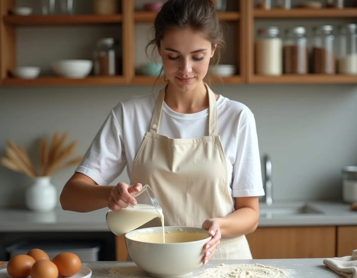 Femme versant 20cl de lait dans un bol de pâte à gâteau dans une cuisine de boulangerie maison