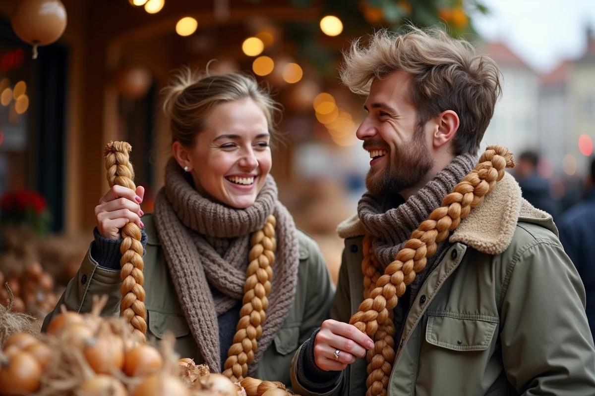 Deux jeunes visiteurs souriants tenant des tresses d'oignons décoratives sur un marché de la Fête de l'Oignon dans une ville historique européenne