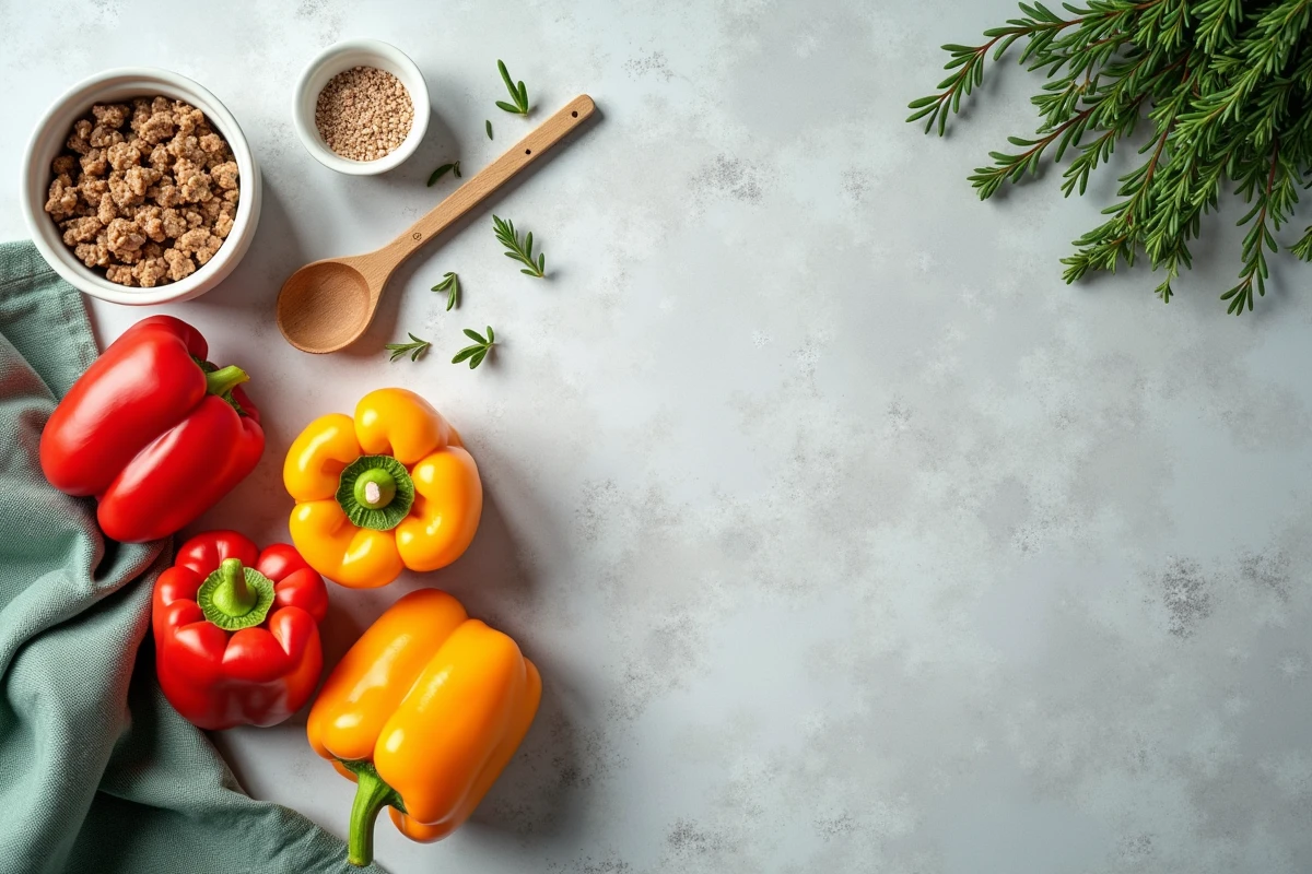 Vue aérienne des ingrédients pour farcis de poivrons crus avec farce à la viande et herbes fraîches