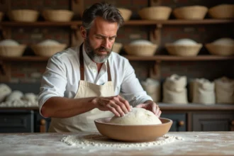 Boulanger artisan pressant une pâte en autolyse dans un bol en céramique sur un établi en bois dans une boulangerie traditionnelle