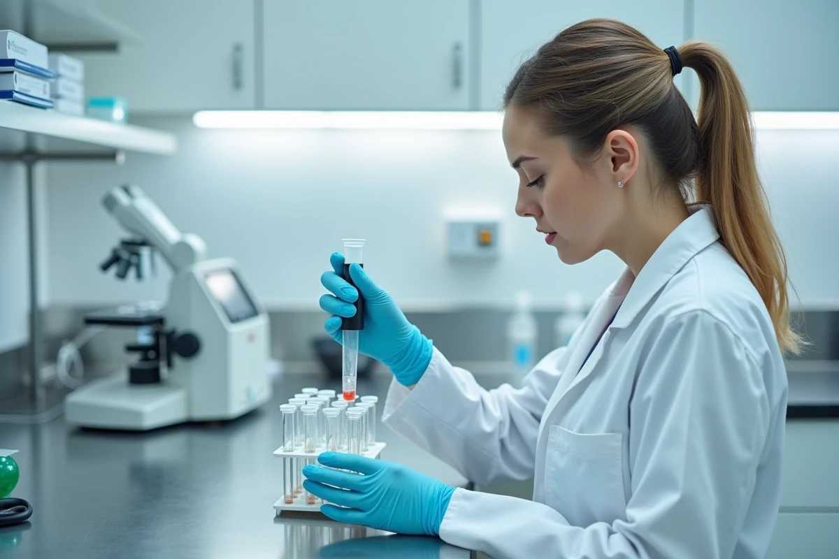 Chercheuse en blouse blanche pipetant des échantillons dans des tubes à essai lors d'une analyse d'autolyse cellulaire en laboratoire