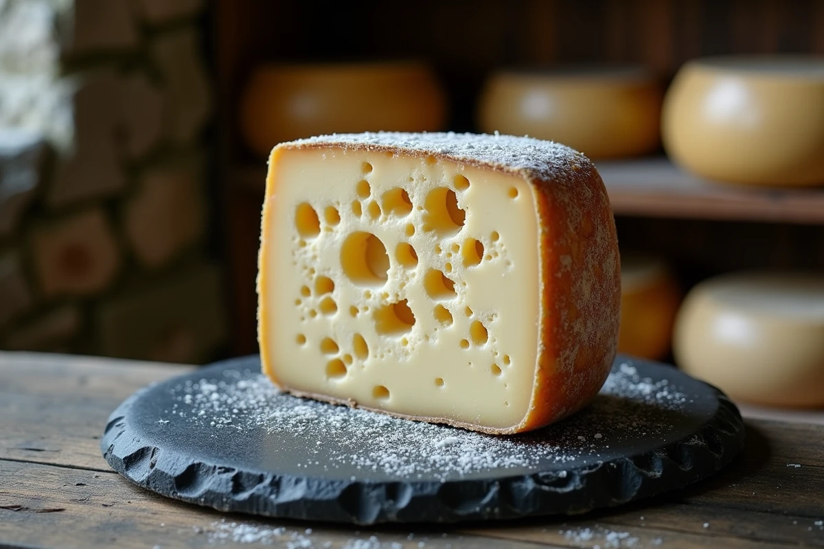 Coupe transversale d'une meule de fromage affiné révélant les cavités internes dues à l'autolyse enzymatique dans une cave à fromage