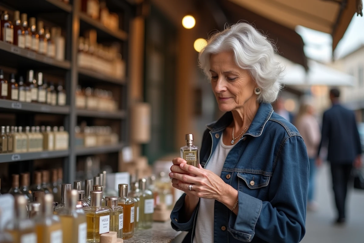 Cliente examinant un flacon de parfum sur un stand de la Venta Peio à Dancharia, marché de la frontière franco-espagnole
