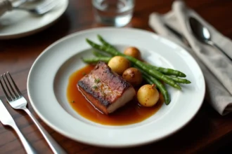 Assiette de confit de canard dressée élégamment avec pommes de terre sarladaises et haricots verts sur une table en noyer